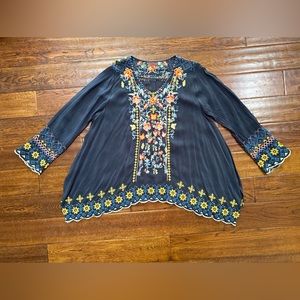 Johnny Was Navy Embroidered Top